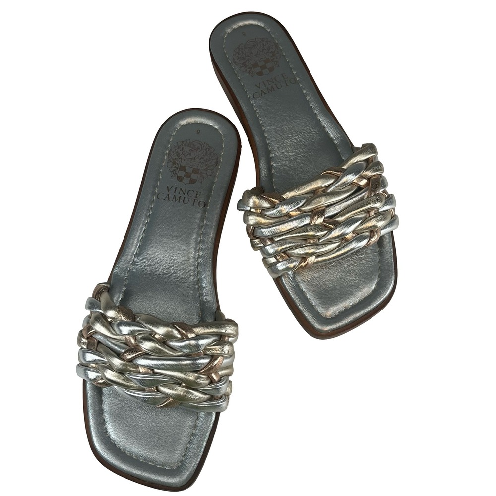 Vince Camuto‎ Womens Slide Sandals Silver Braided Metallic Square Toe Summer 9